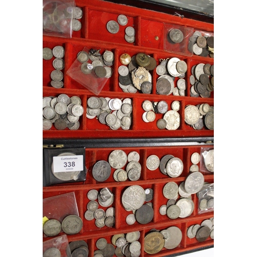 338 - TWO BOXES OF ANTIQUE AND VINTAGE COINAGE TO INCLUDE A QUANTITY OF SILVER THREE PENCES, VICTORIAN COI... 