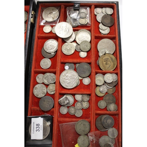 338 - TWO BOXES OF ANTIQUE AND VINTAGE COINAGE TO INCLUDE A QUANTITY OF SILVER THREE PENCES, VICTORIAN COI... 