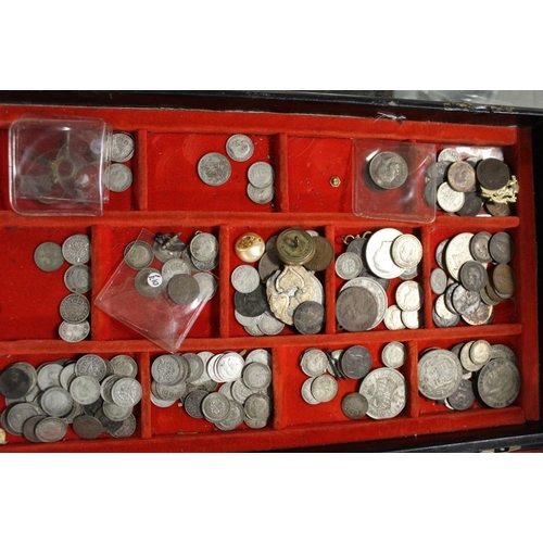 338 - TWO BOXES OF ANTIQUE AND VINTAGE COINAGE TO INCLUDE A QUANTITY OF SILVER THREE PENCES, VICTORIAN COI... 