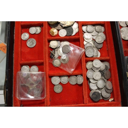 338 - TWO BOXES OF ANTIQUE AND VINTAGE COINAGE TO INCLUDE A QUANTITY OF SILVER THREE PENCES, VICTORIAN COI... 