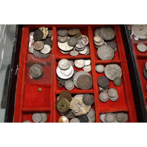 338 - TWO BOXES OF ANTIQUE AND VINTAGE COINAGE TO INCLUDE A QUANTITY OF SILVER THREE PENCES, VICTORIAN COI... 