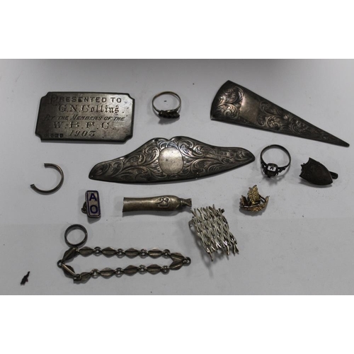 339 - A BAG OF HALLMARKED SILVER COLLECTABLES, WITH DAMAGES