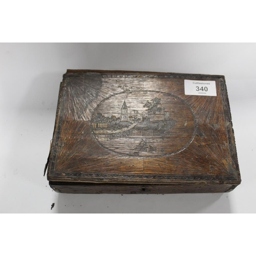 340 - AN ANTIQUE STRAW WORK BOX CONTAINING ANTIQUE COINS AND TOKENS, TO INCLUDE GEORGE III CARTWHEEL PENNI... 