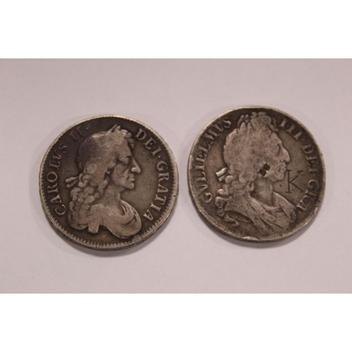 341 - A CAROLUS II 1679 SILVER CROWN, TOGETHER WITH A WILLIAM III 1696 SILVER CROWN