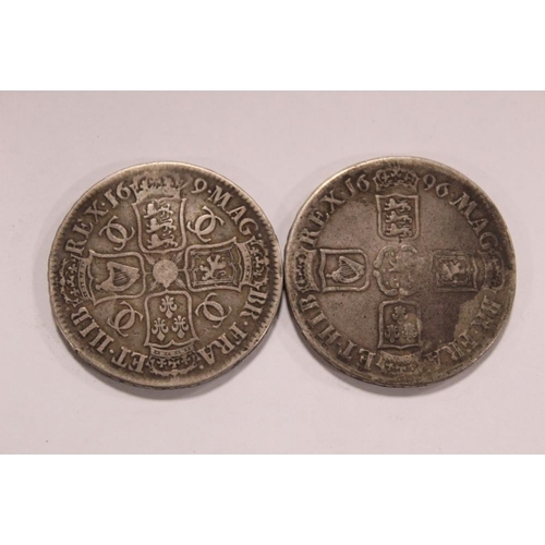 341 - A CAROLUS II 1679 SILVER CROWN, TOGETHER WITH A WILLIAM III 1696 SILVER CROWN