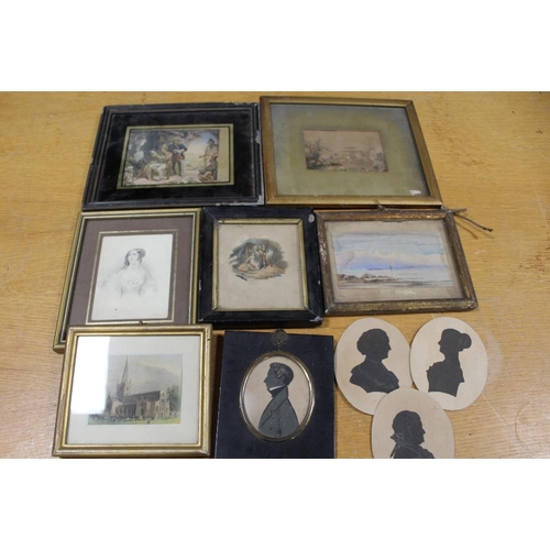 351 - TWO BOXES OF ANTIQUE FRAMED PRINTS ETC. TO INCLUDE SILHOUETTE MINIATURES ETC.