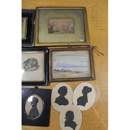 351 - TWO BOXES OF ANTIQUE FRAMED PRINTS ETC. TO INCLUDE SILHOUETTE MINIATURES ETC.