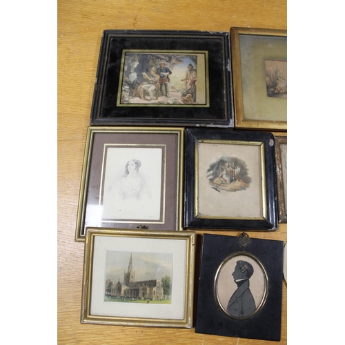 351 - TWO BOXES OF ANTIQUE FRAMED PRINTS ETC. TO INCLUDE SILHOUETTE MINIATURES ETC.