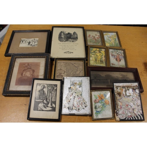 351 - TWO BOXES OF ANTIQUE FRAMED PRINTS ETC. TO INCLUDE SILHOUETTE MINIATURES ETC.