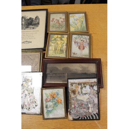 351 - TWO BOXES OF ANTIQUE FRAMED PRINTS ETC. TO INCLUDE SILHOUETTE MINIATURES ETC.