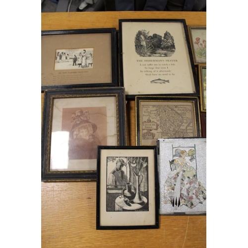 351 - TWO BOXES OF ANTIQUE FRAMED PRINTS ETC. TO INCLUDE SILHOUETTE MINIATURES ETC.