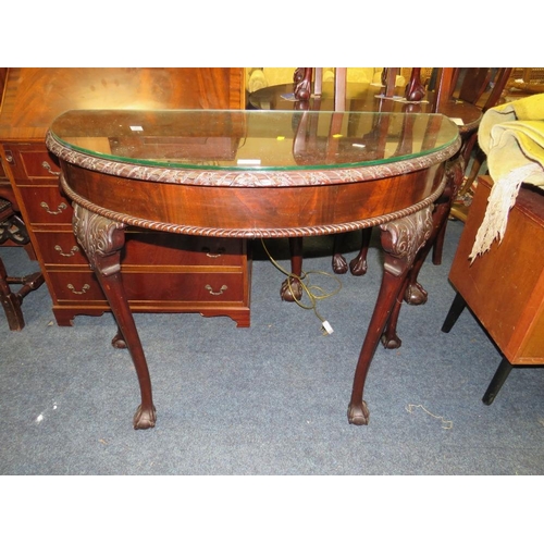 839 - A 20TH CENTURY MAHOGANY DEMI-LUNE TABLE, RAISED ON CABRIOLE LEGS WITH BALL AND CLAW FEET W-107CM