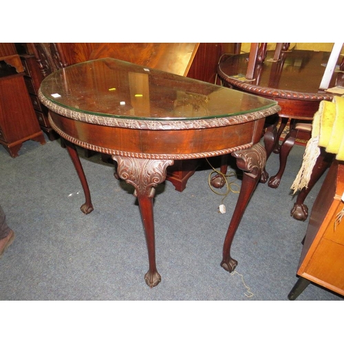 839 - A 20TH CENTURY MAHOGANY DEMI-LUNE TABLE, RAISED ON CABRIOLE LEGS WITH BALL AND CLAW FEET W-107CM