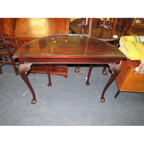 839 - A 20TH CENTURY MAHOGANY DEMI-LUNE TABLE, RAISED ON CABRIOLE LEGS WITH BALL AND CLAW FEET W-107CM