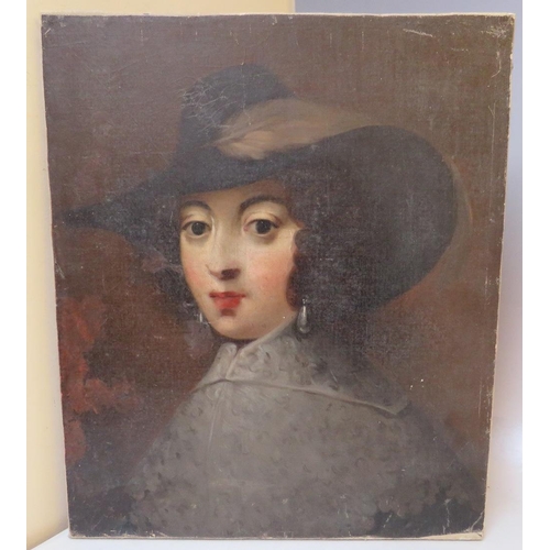 40 - (XIX). A portrait study of a young woman wearing a feathered hat, unsigned, oil on canvas, unframed,... 