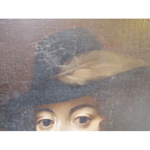 40 - (XIX). A portrait study of a young woman wearing a feathered hat, unsigned, oil on canvas, unframed,... 