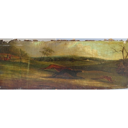 77 - (XIX). A hare coursing scene in an extensive wooded landscape, unsigned, oil on canvas laid on panel... 