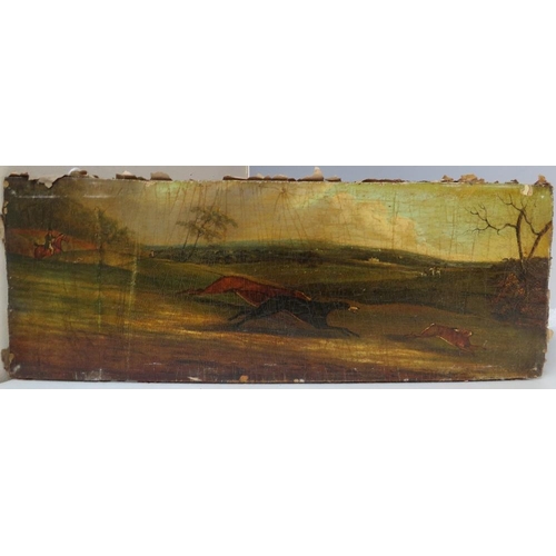 77 - (XIX). A hare coursing scene in an extensive wooded landscape, unsigned, oil on canvas laid on panel... 