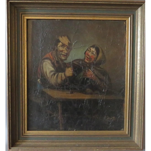 80 - (XIX). Continental school, a inn interior with two figures drinking, unsigned, oil on canvas, framed... 