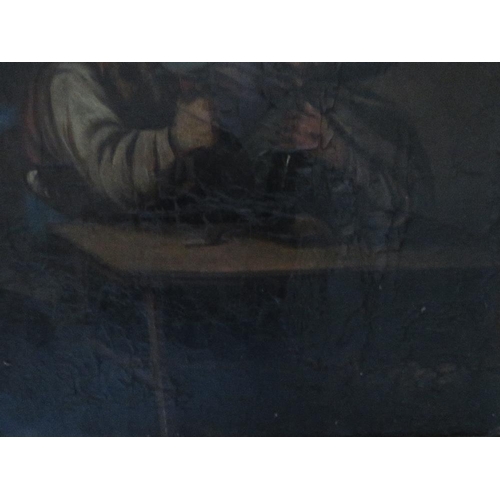 80 - (XIX). Continental school, a inn interior with two figures drinking, unsigned, oil on canvas, framed... 