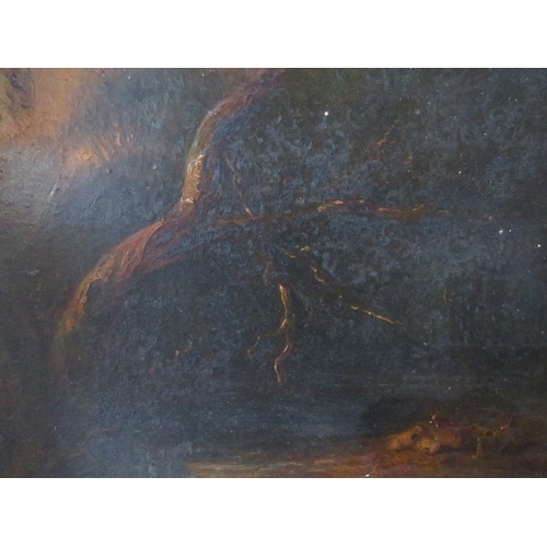 81 - (XIX). A wooded river landscape with shepherdess and sheep, unsigned, oil on panel, framed, 25 x 29 ... 