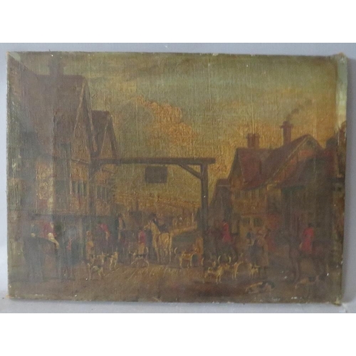 83 - (XIX-XX).  A town scene with huntsmen horse and dogs before a tavern, unsigned, oil on canvas, unfra... 