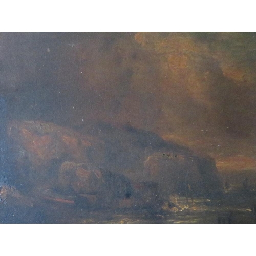 87 - (XIX). A pair of stormy rocky coastal shore scenes with figures and boats, unsigned, oil on panel, f... 