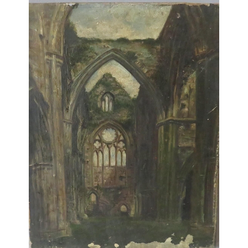 89 - (XIX-XX). A study of abbey ruins, indistinctly inscribed on stretcher verso, unsigned, oil on canvas... 