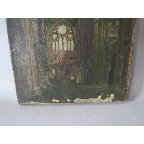 89 - (XIX-XX). A study of abbey ruins, indistinctly inscribed on stretcher verso, unsigned, oil on canvas... 