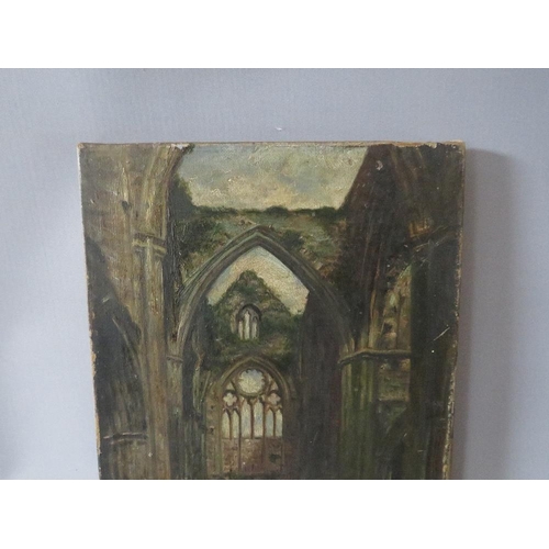 89 - (XIX-XX). A study of abbey ruins, indistinctly inscribed on stretcher verso, unsigned, oil on canvas... 