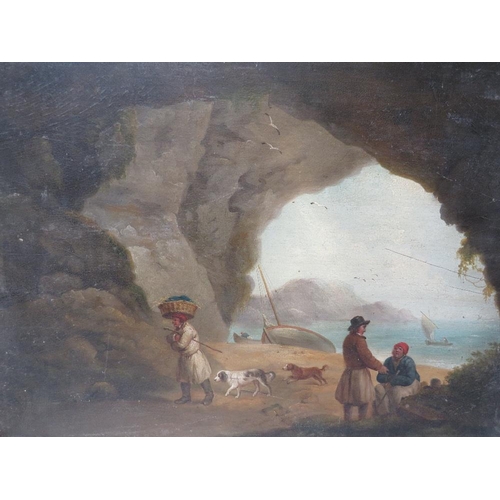 9 - (XIX). Coastal scene with figures and dogs in a cave and beached boats, unsigned, oil on panel, unfr... 