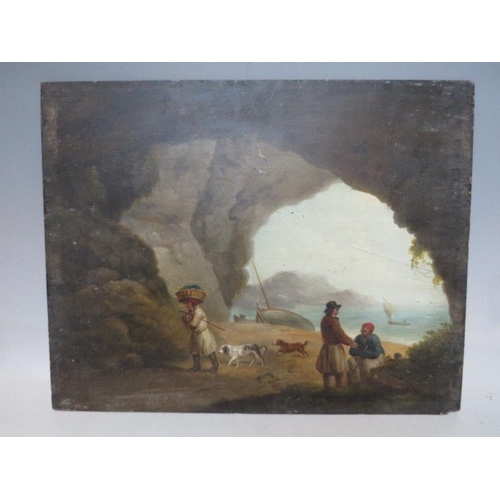 9 - (XIX). Coastal scene with figures and dogs in a cave and beached boats, unsigned, oil on panel, unfr... 