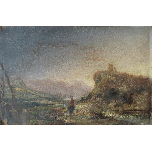 90 - (XIX). An impressionist mountainous river landscape with figures and hill top ruins in background, u... 