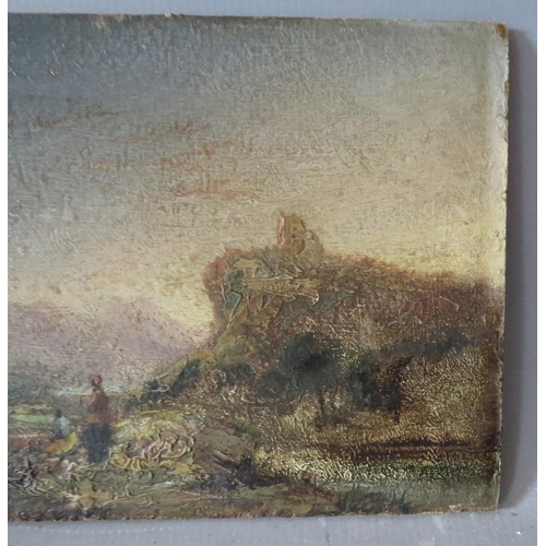 90 - (XIX). An impressionist mountainous river landscape with figures and hill top ruins in background, u... 