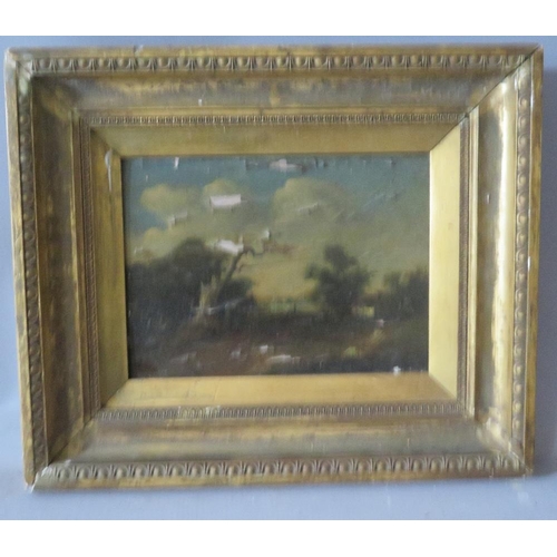 91 - (XIX). A windswept wooded landscape with town beyond, unsigned, oil on panel, framed, as found, 16 x... 