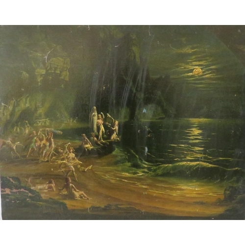 93 - (XIX). A moonlit rocky shore scene with nymphs dancing to harp music, unsigned, oil on canvas, unfra... 