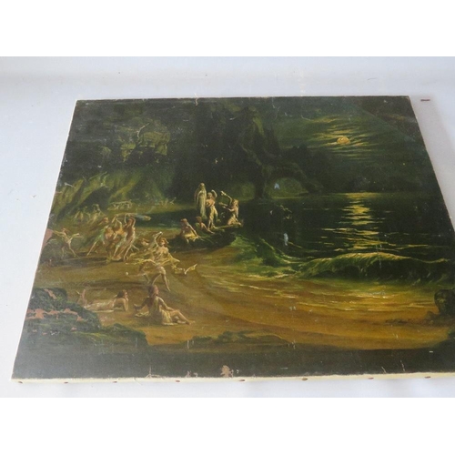 93 - (XIX). A moonlit rocky shore scene with nymphs dancing to harp music, unsigned, oil on canvas, unfra... 