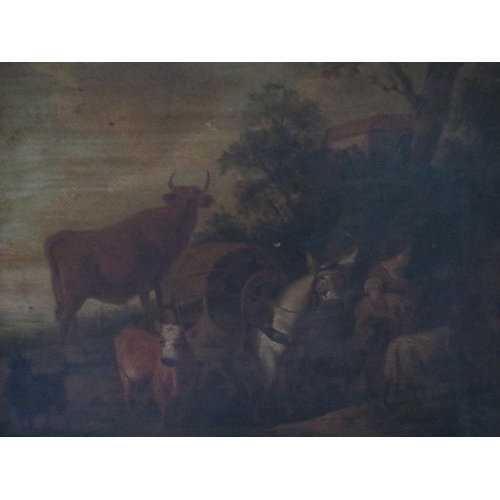 95 - (XVIII-XIX). A wooded landscape with woman, goats, cattle and donkey and cart with hill top building... 