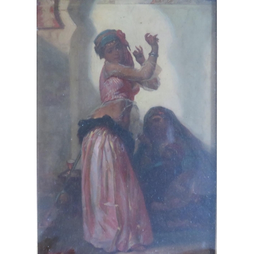 98 - (XIX). Continental school, a Middle Eastern street scene with dancing girl, unsigned, oil on panel, ... 