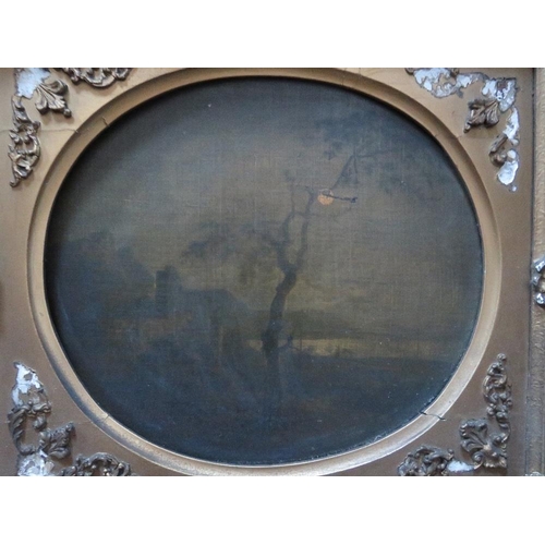 99 - (XIX). An oval moonlit mountainous coastal landscape with buildings, unsigned, oil on board, framed,... 