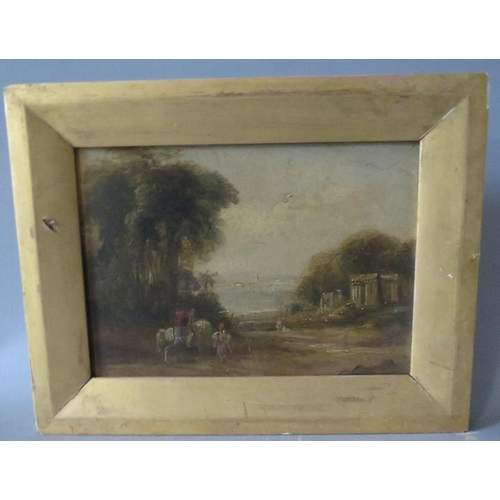 42 - (XIX). A wooded coastal scene with horse figures and ruinous town beyond, unsigned, oil on panel, fr... 