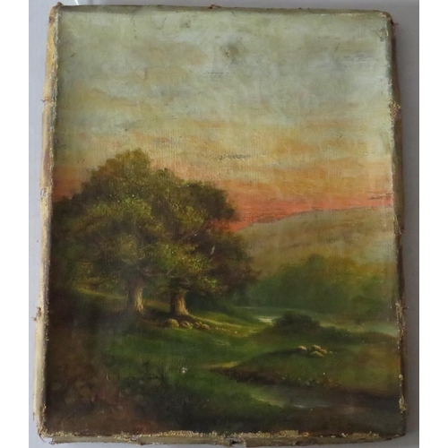 45 - T. R. (XIX). A wooded river landscape with sheep at sunset and hills beyond, signed with initials lo... 