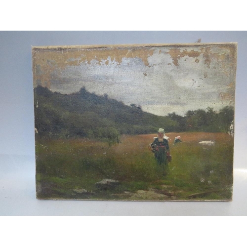 5 - (XIX-XX). A wooded landscape with peasant woman, unsigned, oil on canvas, unframed, 27 x 34 cm A/F