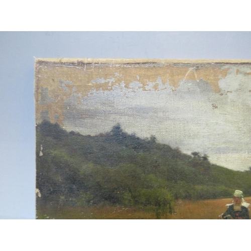 5 - (XIX-XX). A wooded landscape with peasant woman, unsigned, oil on canvas, unframed, 27 x 34 cm A/F