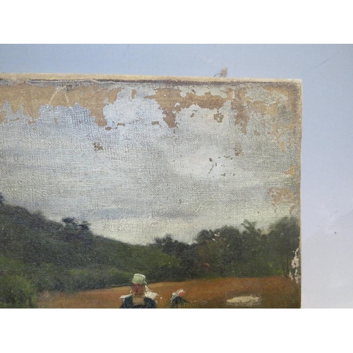 5 - (XIX-XX). A wooded landscape with peasant woman, unsigned, oil on canvas, unframed, 27 x 34 cm A/F