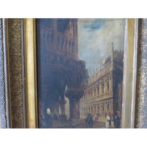 51 - (XIX). A continental street scene with numerous figures, unsigned, oil on panel, framed, 25 x 19 cm