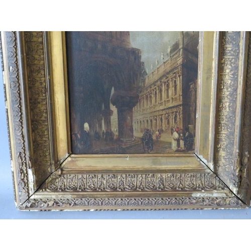 51 - (XIX). A continental street scene with numerous figures, unsigned, oil on panel, framed, 25 x 19 cm