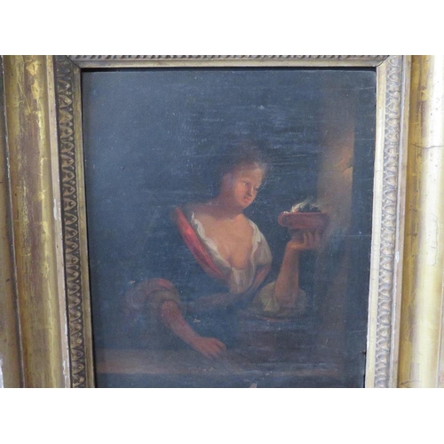 52 - (XVIII-XIX). A candle lit interior scene with young woman holding a bird in a pot, unsigned, oil on ... 