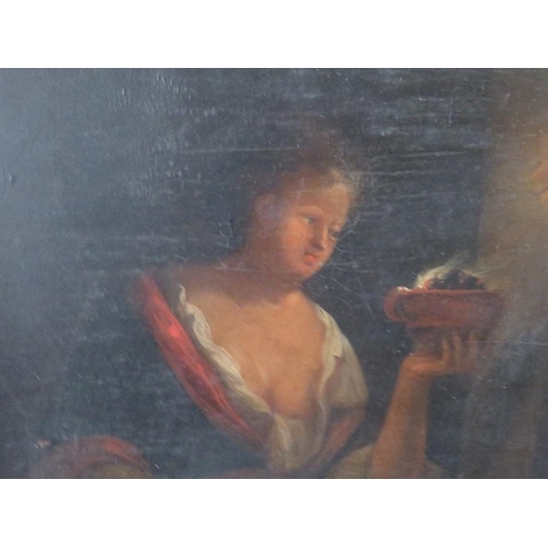 52 - (XVIII-XIX). A candle lit interior scene with young woman holding a bird in a pot, unsigned, oil on ... 