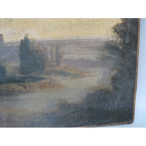 55 - (XIX). A stormy wooded river landscape with figures and church, indistinctly signed lower right, oil... 